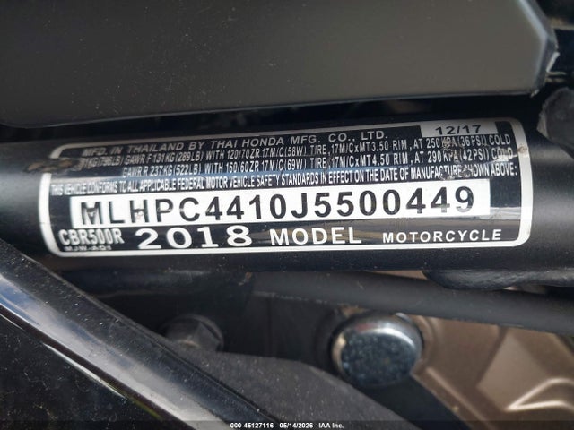 Продаж на аукціоні авто 2018 Honda Cbr500 R, vin: MLHPC4410J5500449, номер лоту: 45127116