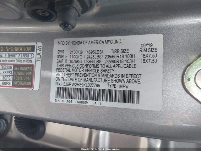 2019 Honda Cr-v Ex-l მანქანა იყიდება აუქციონზე, vin: 5J6RW2H89KL027785, აუქციონის ნომერი: 45127122