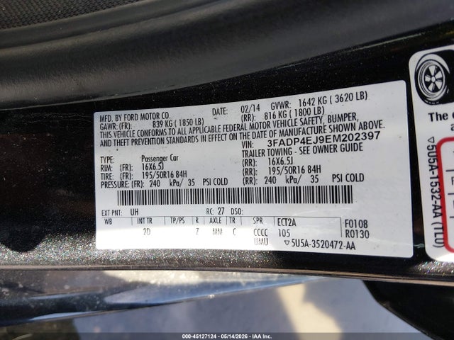 Aukcja sprzedaży 2014 Ford Fiesta Se, vin: 3FADP4EJ9EM202397, numer aukcji: 45127124
