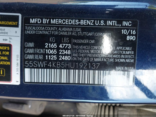 Aukcja sprzedaży 2017 Mercedes-benz C 300 Sport 4matic, vin: 55SWF4KB5HU192137, numer aukcji: 45127125