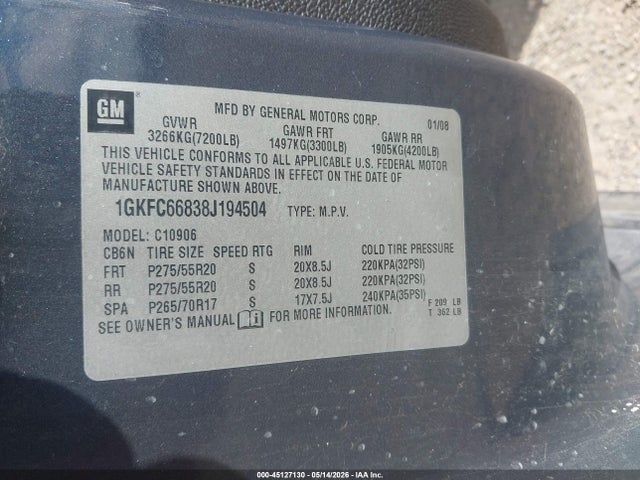 Продаж на аукціоні авто 2008 Gmc Yukon Xl 1500 Denali, vin: 1GKFC66838J194504, номер лоту: 45127130