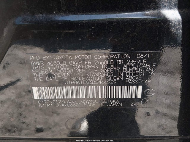 Aukcja sprzedaży 2011 Lexus Es 350, vin: JTHBK1EG3B2466929, numer aukcji: 45127138