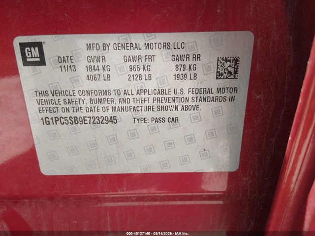 2014 Chevrolet Cruze 1lt Auto მანქანა იყიდება აუქციონზე, vin: 1G1PC5SB9E7232945, აუქციონის ნომერი: 45127140