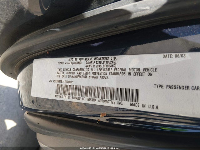 45127151 :رقم المزاد ، 4S3BH675147601002 vin ، 2004 Subaru Outback مزاد بيع