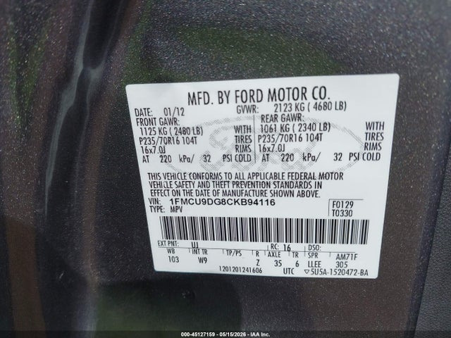 2012 Ford Escape Xlt მანქანა იყიდება აუქციონზე, vin: 1FMCU9DG8CKB94116, აუქციონის ნომერი: 45127159