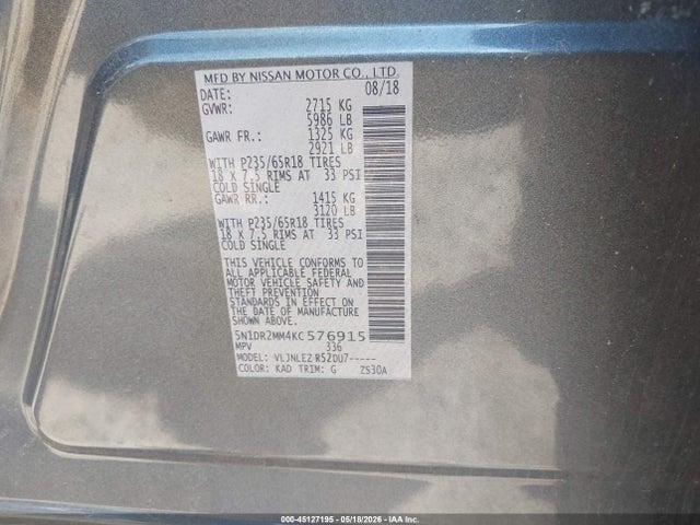 Продажа на аукционе авто 2019 Nissan Pathfinder Sv, vin: 5N1DR2MM4KC576915, номер лота: 45127195