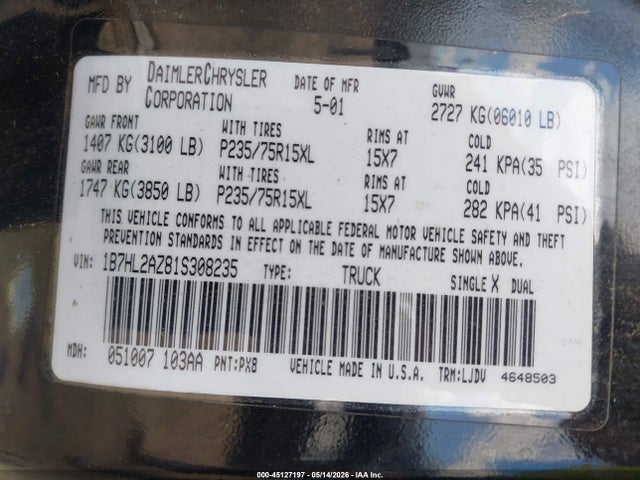 45127197 :رقم المزاد ، 1B7HL2AZ81S308235 vin ، 2001 Dodge Dakota Slt/sport مزاد بيع