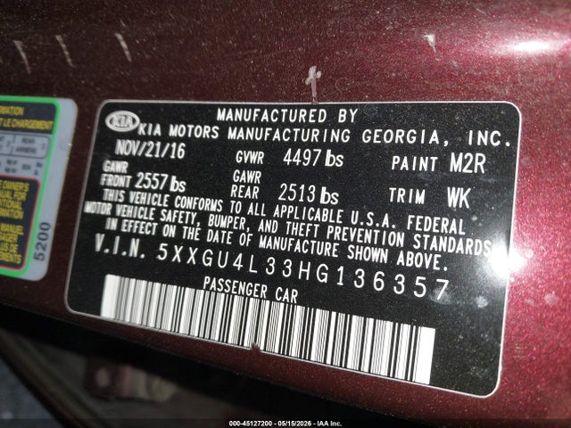 Продаж на аукціоні авто 2017 Kia Optima Ex, vin: 5XXGU4L33HG136357, номер лоту: 45127200