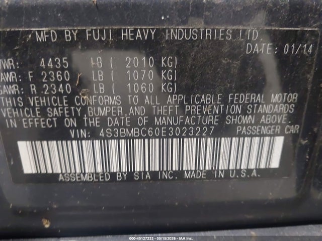 2014 Subaru Legacy 2.5i Premium მანქანა იყიდება აუქციონზე, vin: 4S3BMBC60E3023227, აუქციონის ნომერი: 45127233