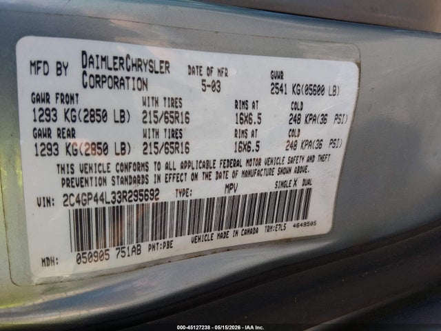 45127238 :رقم المزاد ، 2C4GP44L33R295692 vin ، 2003 Chrysler Town & Country Lx مزاد بيع