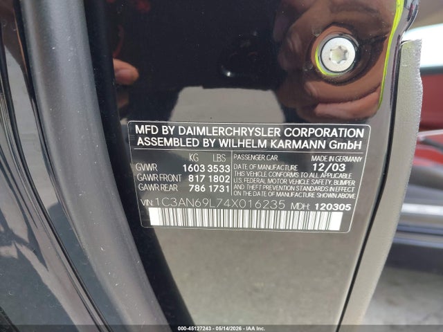 45127243 :رقم المزاد ، 1C3AN69L74X016235 vin ، 2004 Chrysler Crossfire مزاد بيع