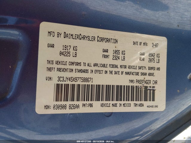Auction sale of the 2007 Chrysler Pt Cruiser, vin: 3C3JY45X97T588671, lot number: 45127250