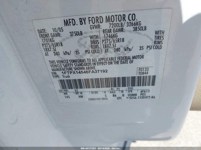 2006 Ford F-150 Fx4/lariat/xl/xlt მანქანა იყიდება აუქციონზე, vin: 1FTPX14546FA37192, აუქციონის ნომერი: 45127253