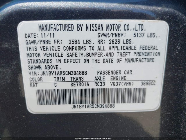 Продажа на аукционе авто 2012 Infiniti M37x, vin: JN1BY1AR5CM394888, номер лота: 45127256