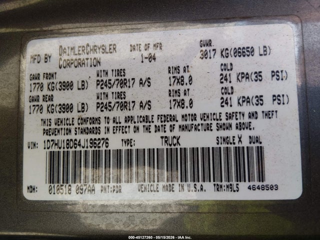 Aukcja sprzedaży 2004 Dodge Ram 1500 Slt/laramie, vin: 1D7HU18D64J196276, numer aukcji: 45127260