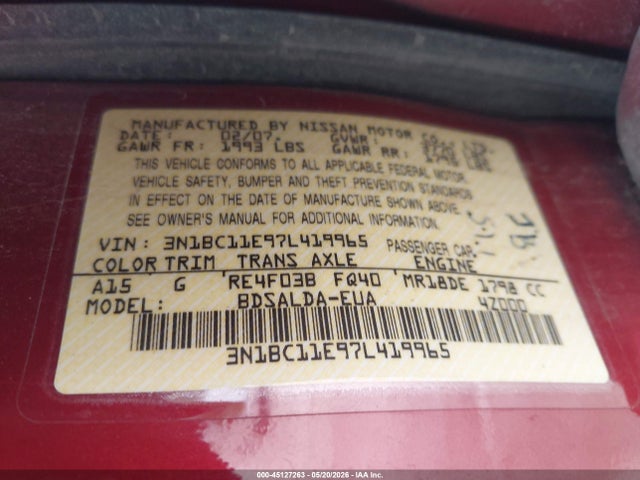 Продаж на аукціоні авто 2007 Nissan Versa 1.8s, vin: 3N1BC11E97L419965, номер лоту: 45127263