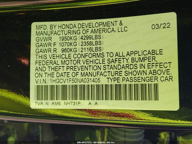 1HGCV1F50NA031405 Honda Accord Ex-l