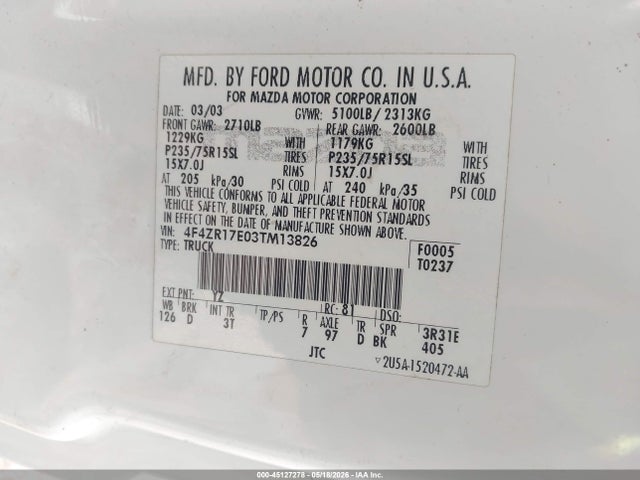 45127278 :رقم المزاد ، 4F4ZR17E03TM13826 vin ، 2003 Mazda B4000 Se مزاد بيع