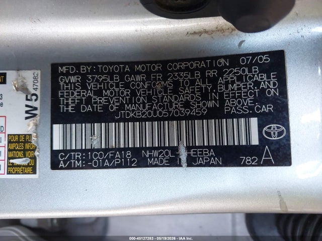 45127283 :رقم المزاد ، JTDKB20U057039459 vin ، 2005 Toyota Prius مزاد بيع