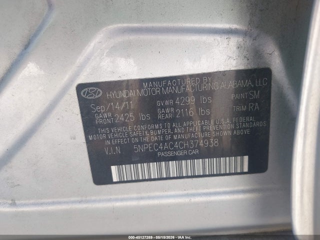 Продаж на аукціоні авто 2012 Hyundai Sonata Se, vin: 5NPEC4AC4CH374938, номер лоту: 45127289