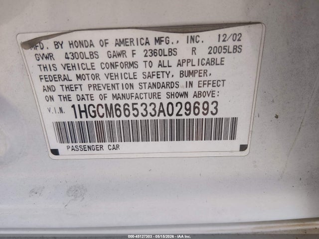 2003 Honda Accord 3.0 Ex მანქანა იყიდება აუქციონზე, vin: 1HGCM66533A029693, აუქციონის ნომერი: 45127303