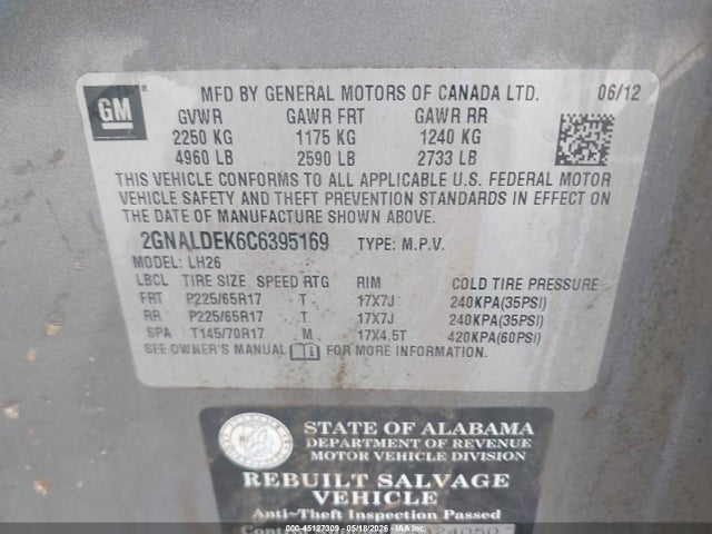 Продажа на аукционе авто 2012 Chevrolet Equinox 1lt, vin: 2GNALDEK6C6395169, номер лота: 45127309
