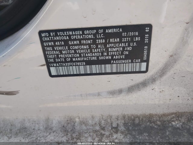 Aukcja sprzedaży 2015 Volkswagen Passat 1.8t S, vin: 1VWAT7A32FC076529, numer aukcji: 45127313