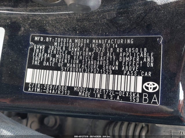 Продажа на аукционе авто 2014 Toyota Corolla S Plus, vin: 5YFBURHE3EP071529, номер лота: 45127319