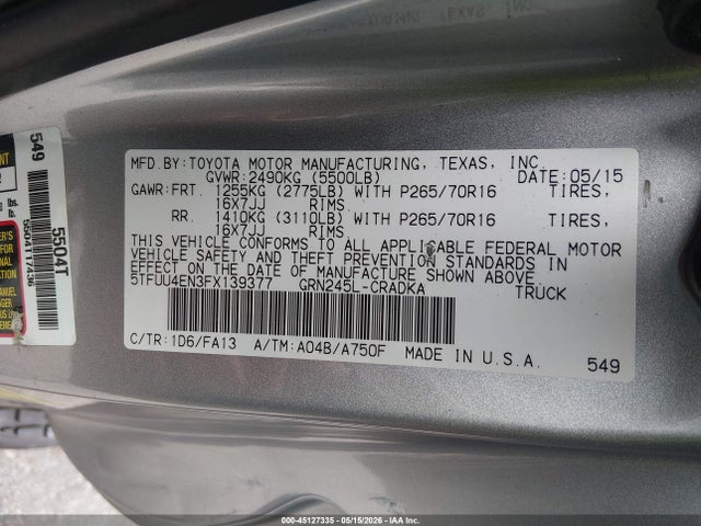 Продаж на аукціоні авто 2015 Toyota Tacoma Base V6, vin: 5TFUU4EN3FX139377, номер лоту: 45127335