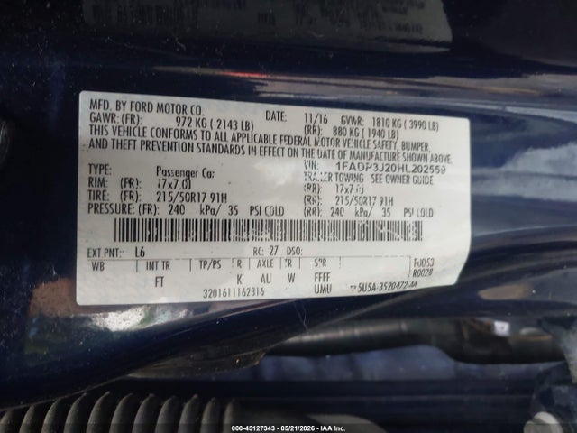 Aukcja sprzedaży 2017 Ford Focus Titanium, vin: 1FADP3J20HL202559, numer aukcji: 45127343