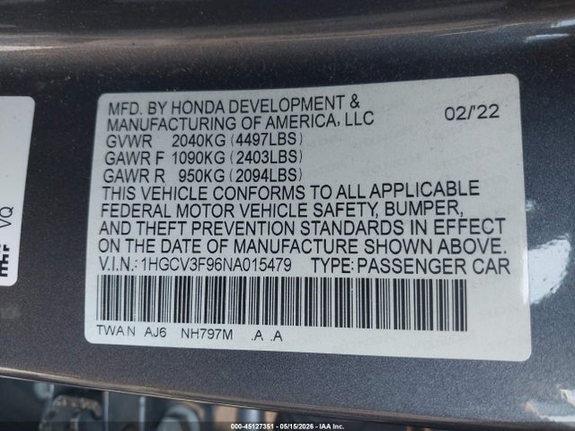 Продажа на аукционе авто 2022 Honda Accord Hybrid Touring, vin: 1HGCV3F96NA015479, номер лота: 45127351