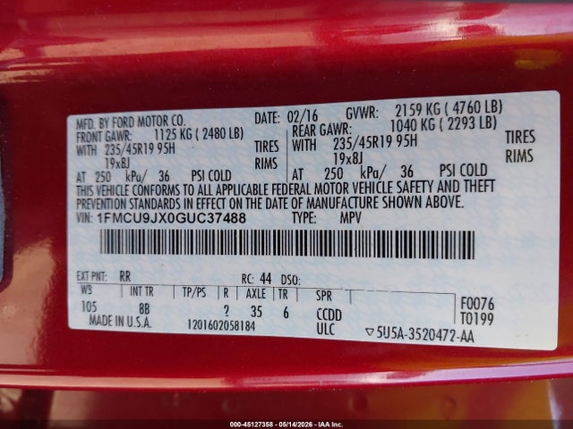2016 Ford Escape Titanium მანქანა იყიდება აუქციონზე, vin: 1FMCU9JX0GUC37488, აუქციონის ნომერი: 45127358