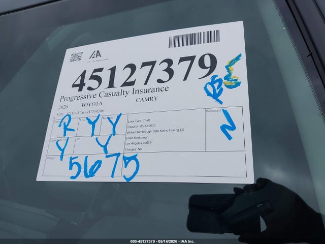 Aukcja sprzedaży 2026 Toyota Camry Le, vin: 4T1DAACK4TU239206, numer aukcji: 45127379