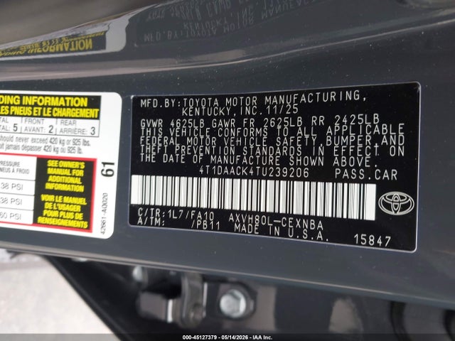 Aukcja sprzedaży 2026 Toyota Camry Le, vin: 4T1DAACK4TU239206, numer aukcji: 45127379