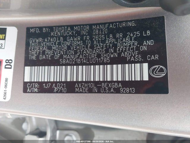 Aukcja sprzedaży 2020 Lexus Es 300h, vin: 58AD21B14LU011785, numer aukcji: 45127398