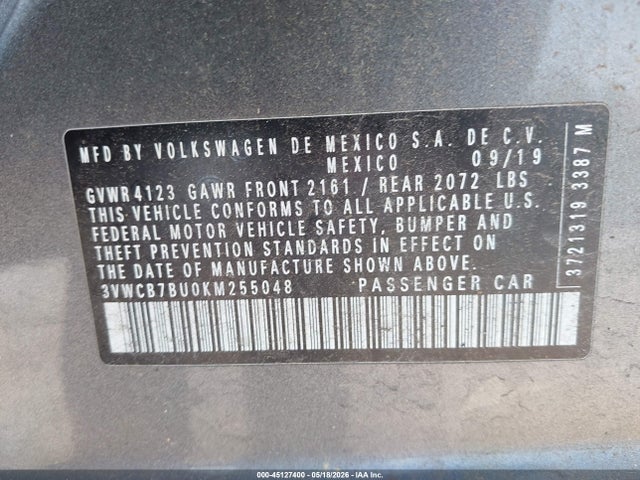 Aukcja sprzedaży 2019 Volkswagen Jetta 1.4t R-line/1.4t S/1.4t Se, vin: 3VWCB7BU0KM255048, numer aukcji: 45127400