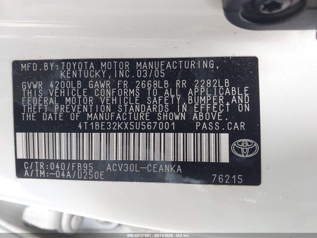 Продажа на аукционе авто 2005 Toyota Camry Le, vin: 4T1BE32KX5U567001, номер лота: 45127401