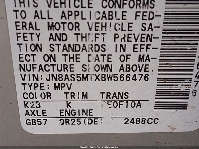 45127407 :رقم المزاد ، JN8AS5MTXBW566476 vin ، 2011 Nissan Rogue S مزاد بيع