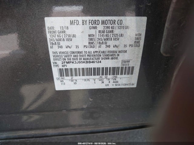 Aukcja sprzedaży 2019 Ford Edge Sel, vin: 2FMPK3J95KBB46124, numer aukcji: 45127410