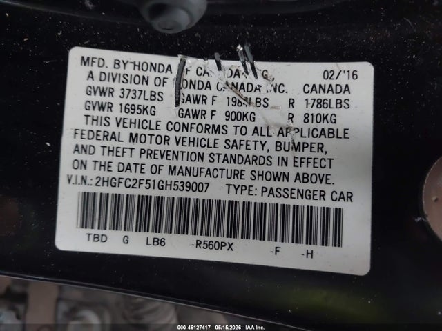 Honda Civic Lx 2016 2HGFC2F51GH539007 Image 9