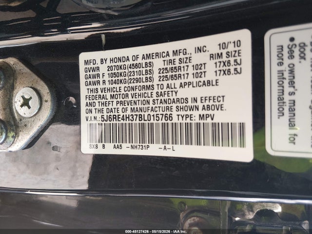 Aukcja sprzedaży 2011 Honda Cr-v Lx, vin: 5J6RE4H37BL015766, numer aukcji: 45127426
