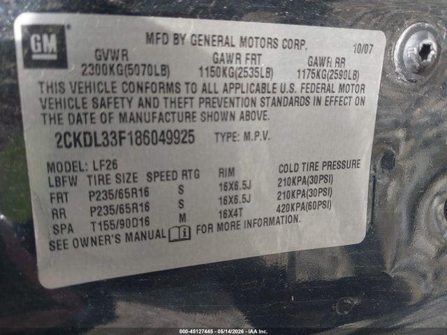 45127445 :رقم المزاد ، 2CKDL33F186049925 vin ، 2008 Pontiac Torrent مزاد بيع