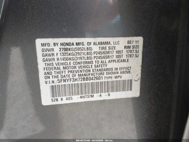 2011 Honda Pilot Ex-l მანქანა იყიდება აუქციონზე, vin: 5FNYF3H72BB042601, აუქციონის ნომერი: 45127448