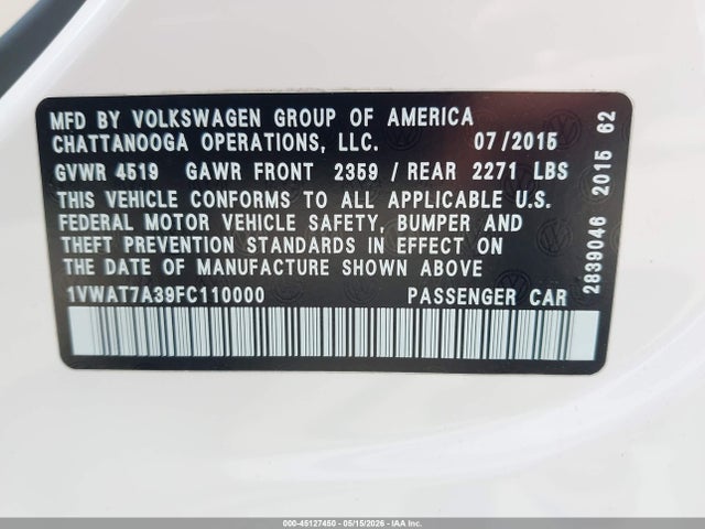 2015 Volkswagen Passat 1.8t Limited Edition მანქანა იყიდება აუქციონზე, vin: 1VWAT7A39FC110000, აუქციონის ნომერი: 45127450