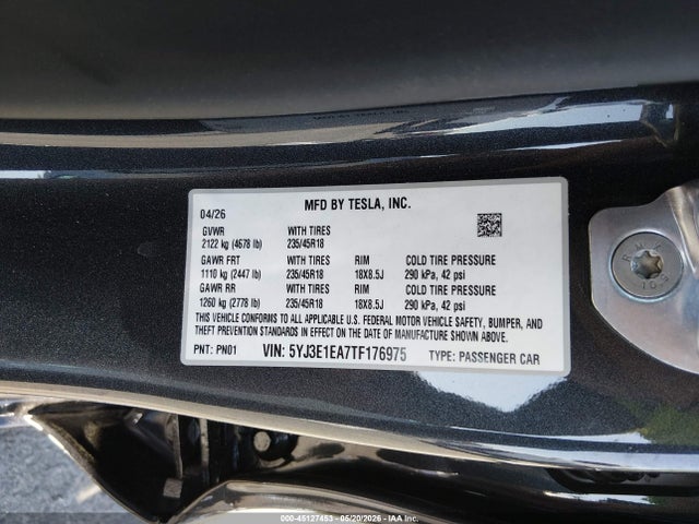 5YJ3E1EA7TF176975 Tesla Model 3 Premium Rear-wheel Drive/rear-wheel Drive