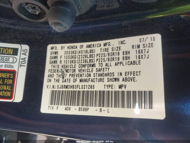 2015 Honda Cr-v Touring მანქანა იყიდება აუქციონზე, vin: 5J6RM3H90FL021285, აუქციონის ნომერი: 45127457