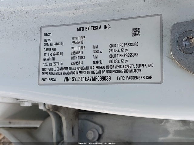 2021 Tesla Model 3 Standard Range Plus Rear-wheel Drive მანქანა იყიდება აუქციონზე, vin: 5YJ3E1EA7MF099039, აუქციონის ნომერი: 45127459