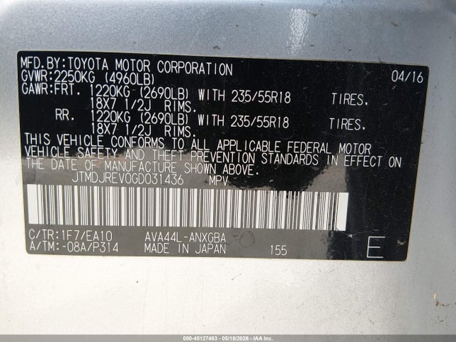 JTMDJREV0GD031436 Toyota Rav4 Hybrid Limited
