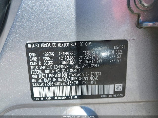 Honda Hr-v Awd Lx 2021 3CZRU6H30MM743476 Image 9