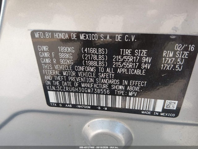 Aukcja sprzedaży 2016 Honda Hr-v Lx, vin: 3CZRU6H30GM738556, numer aukcji: 45127488